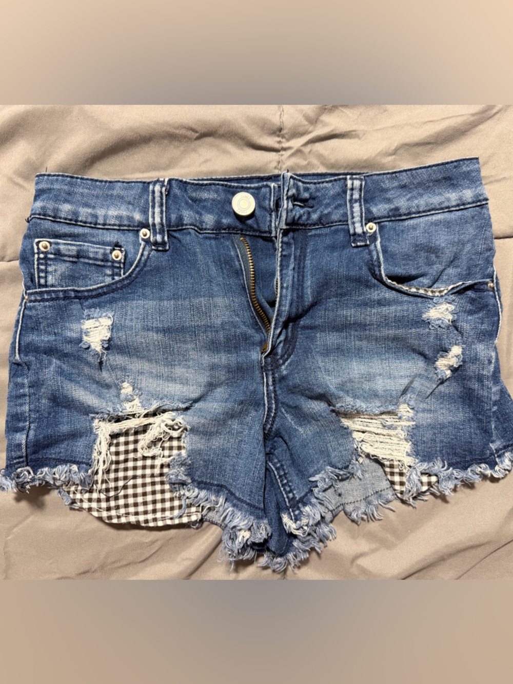 Distressed Blue Denim Jacket with Gingham Lining